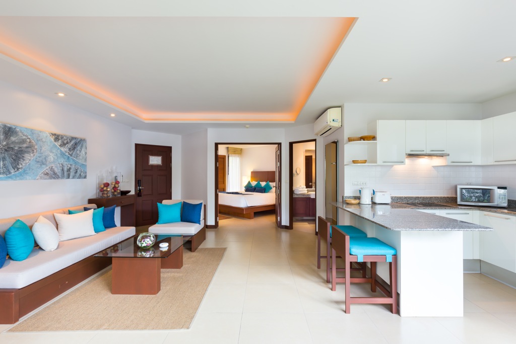 Dewa Phuket Resort One Bedroom Suite Living area and Kitchenette